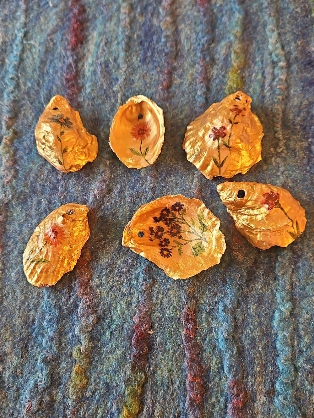 Hand Painted Gold & Decopaged Floral Design Oyster Shell  Ornaments.  Set Of 6